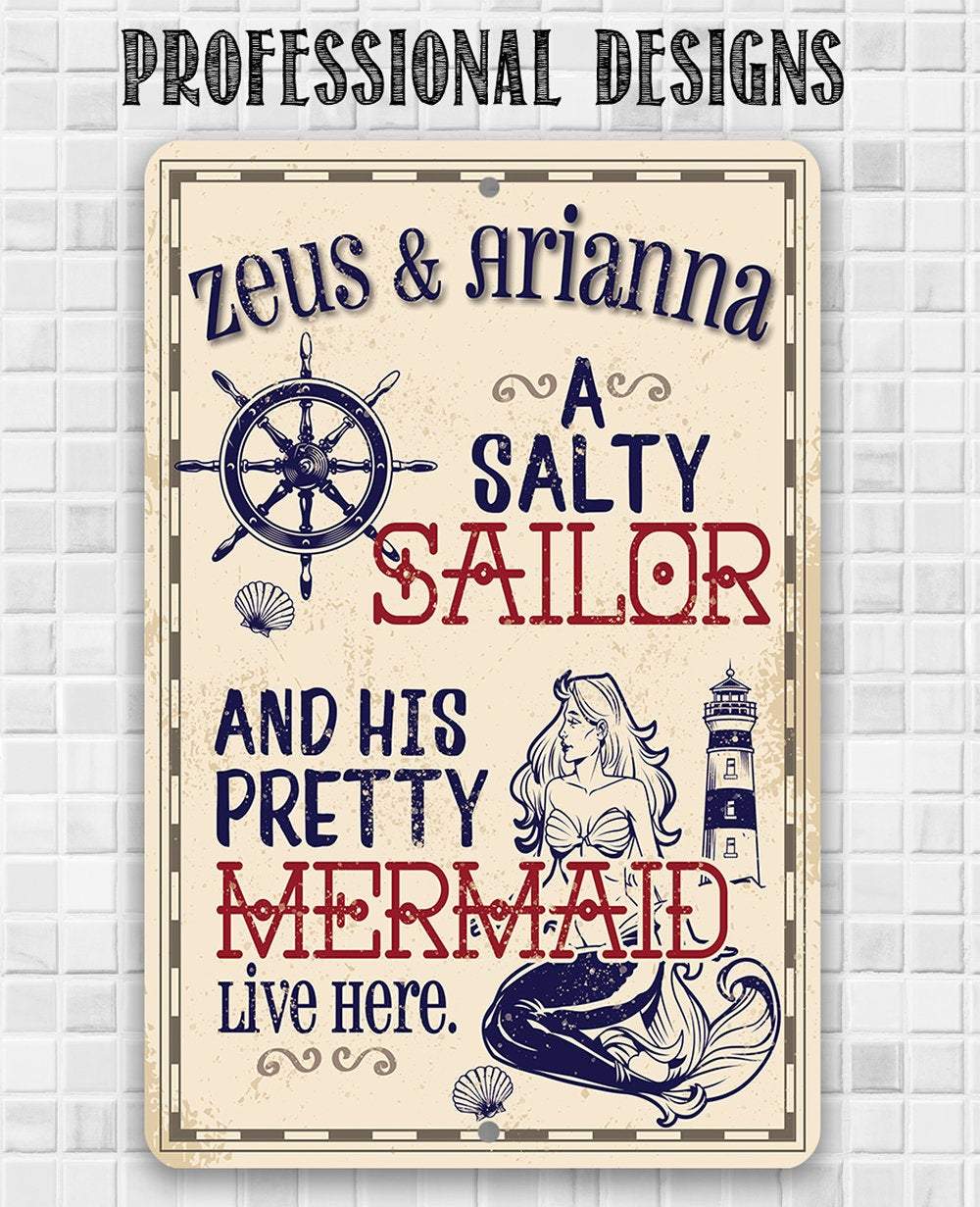 Personalized - A Salty Sailor and Pretty Mermaid - Metal Sign