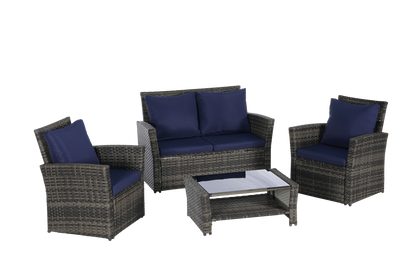 4 Pieces Outdoor Patio Furniture Set with Rattan Chairs and Tempered Glass Table