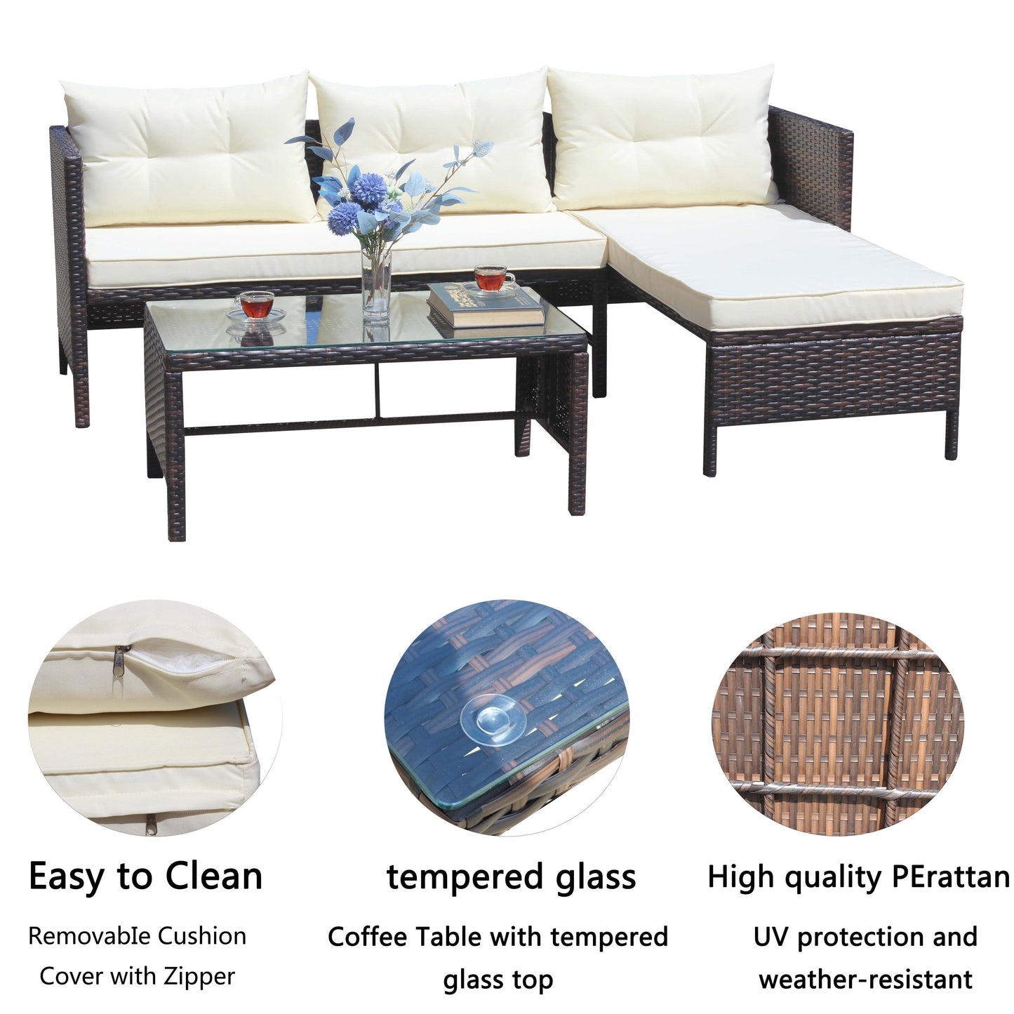 Outdoor Patio Furniture 3-Piece Conversation Set with Wicker Rattan Sectional Sofa