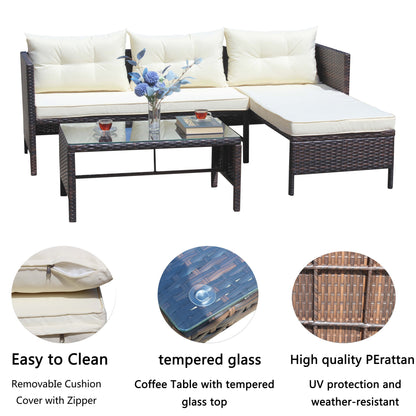 Outdoor Patio Furniture 3-Piece Conversation Set with Wicker Rattan Sectional Sofa