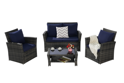 4 Pieces Outdoor Patio Furniture Set with Rattan Chairs and Tempered Glass Table