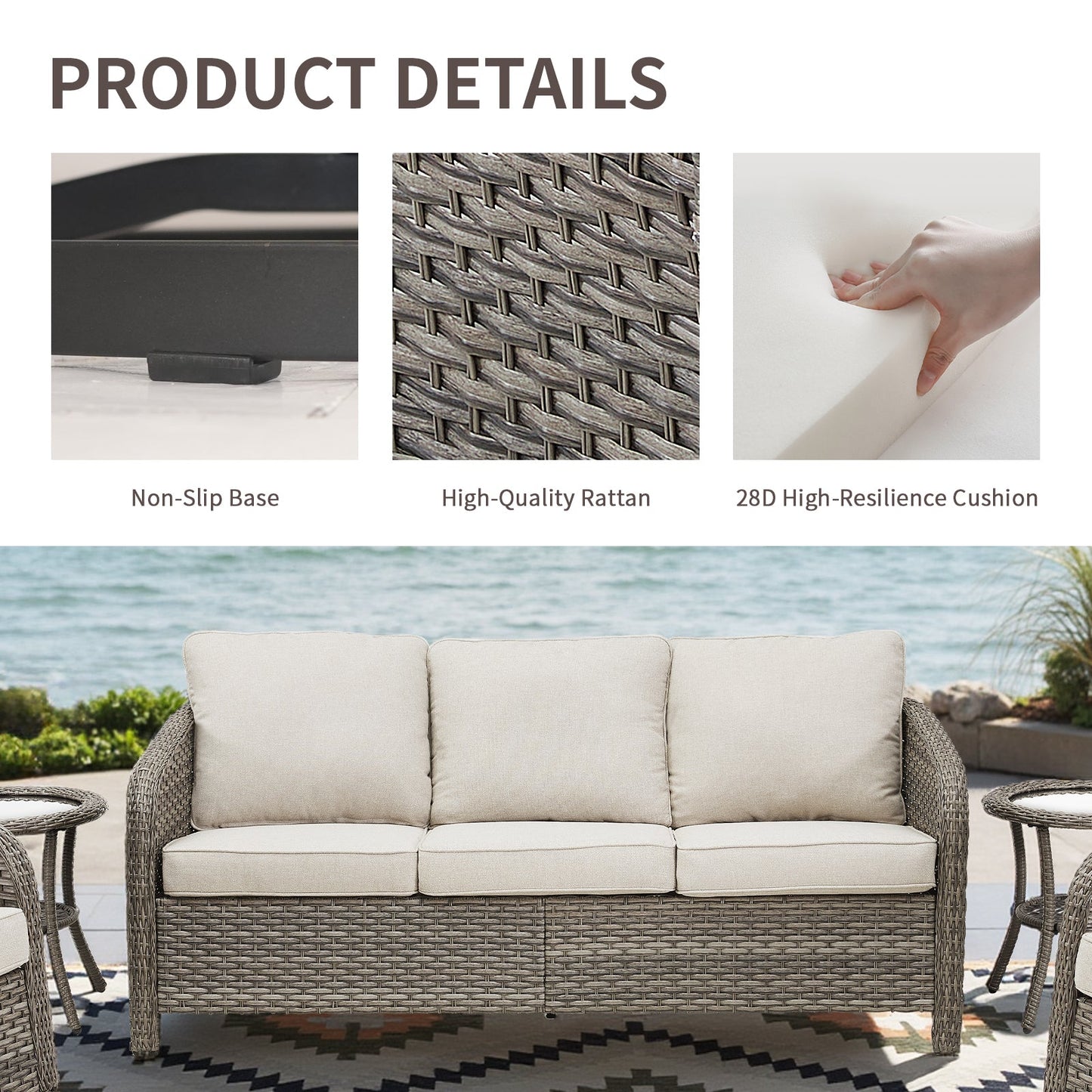 73.6" PE Wicker Rattan Outdoor Furniture Set - 3 Seat Sofa
