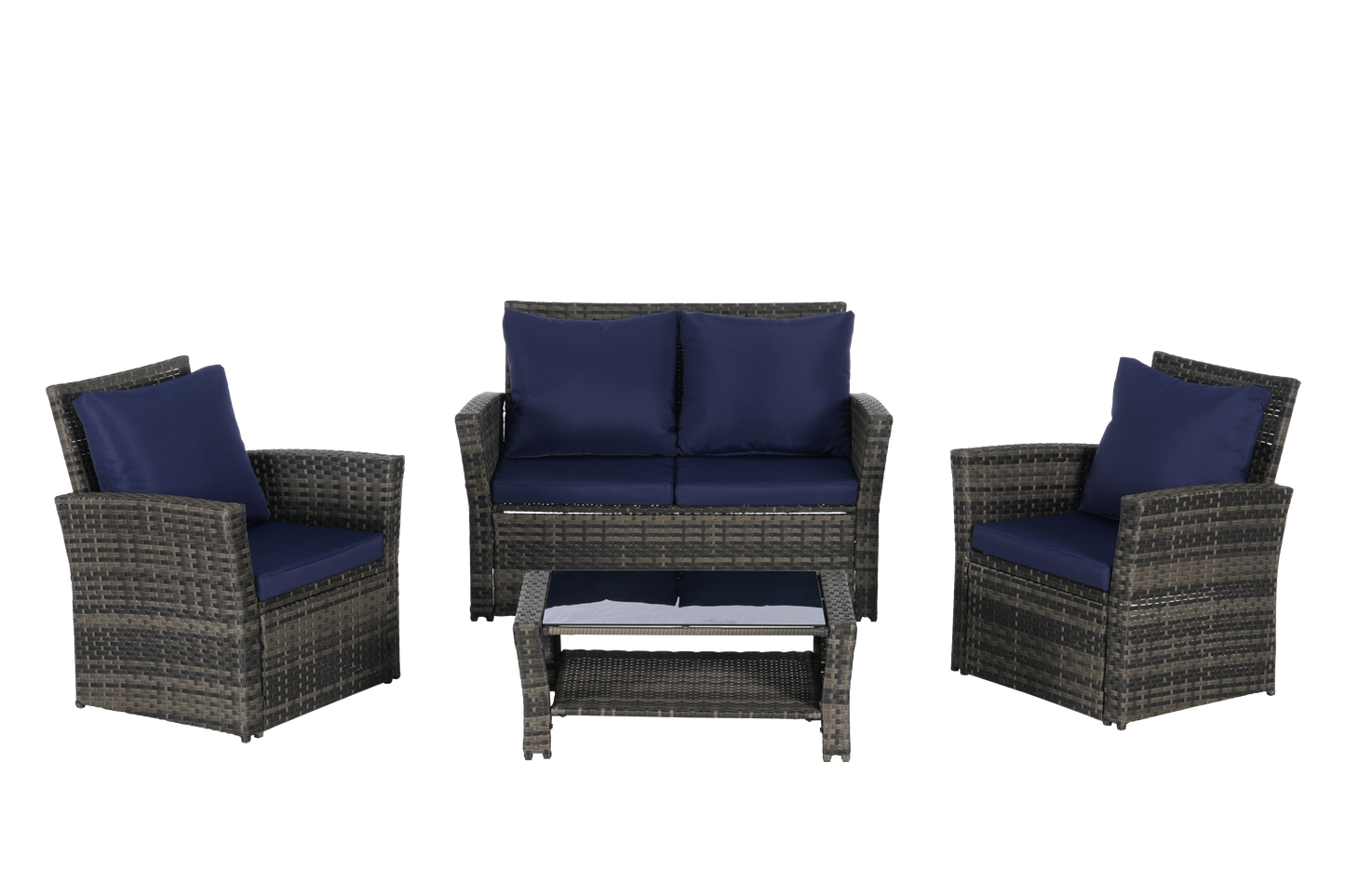 4 Pieces Outdoor Patio Furniture Set with Rattan Chairs and Tempered Glass Table