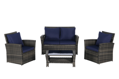 4 Pieces Outdoor Patio Furniture Set with Rattan Chairs and Tempered Glass Table