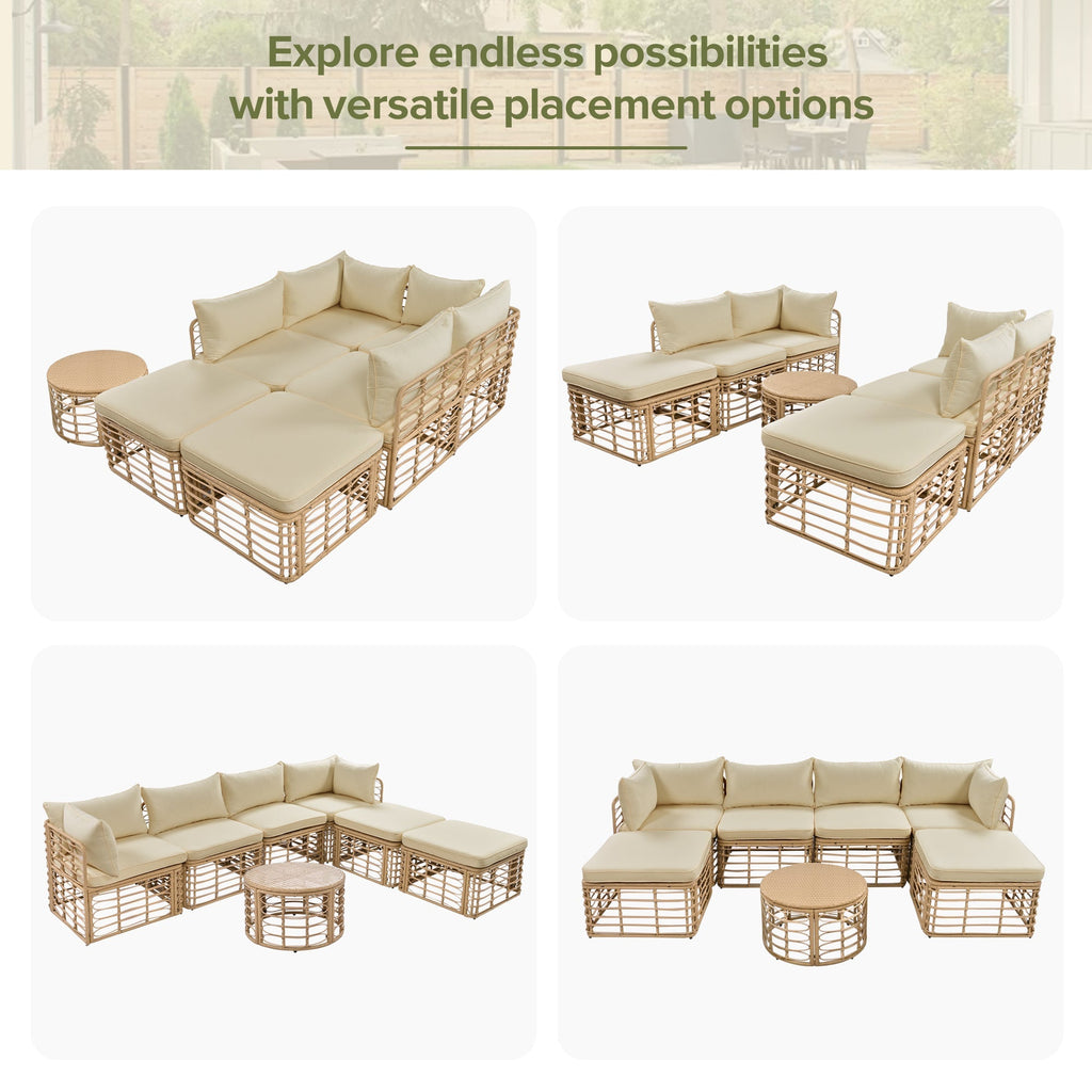 7 Pieces Outdoor Patio Furniture, All-Weather Rattan Sectional Sofa Set with Thick Cushions and Pillows, Freely Combined Conversation Sets for Garden, Backyard, Balcony, Brown