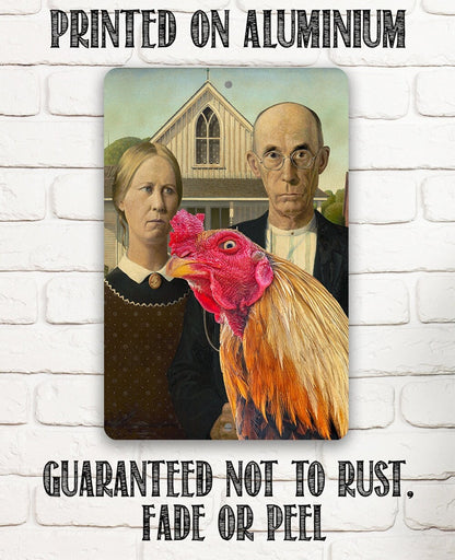 American Gothic Painting - Interrupted by Rooster - Metal Sign