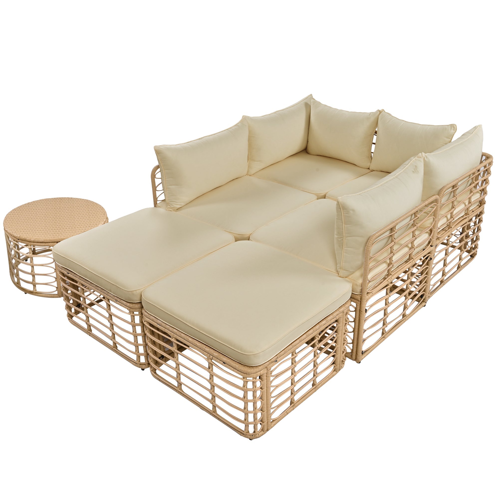 7 Pieces Outdoor Patio Furniture, All-Weather Rattan Sectional Sofa Set with Thick Cushions and Pillows, Freely Combined Conversation Sets for Garden, Backyard, Balcony, Brown