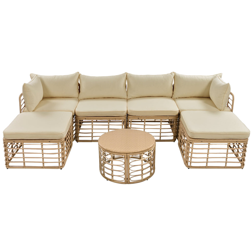 7 Pieces Outdoor Patio Furniture, All-Weather Rattan Sectional Sofa Set with Thick Cushions and Pillows, Freely Combined Conversation Sets for Garden, Backyard, Balcony, Brown