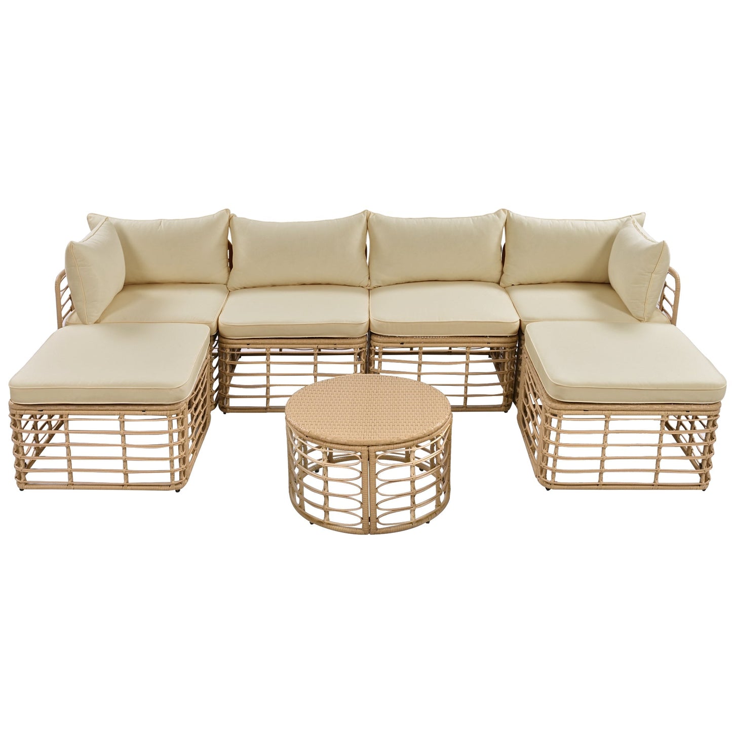 7 Pieces Outdoor Patio Furniture, All-Weather Rattan Sectional Sofa Set with Thick Cushions and Pillows, Freely Combined Conversation Sets for Garden, Backyard, Balcony, Brown