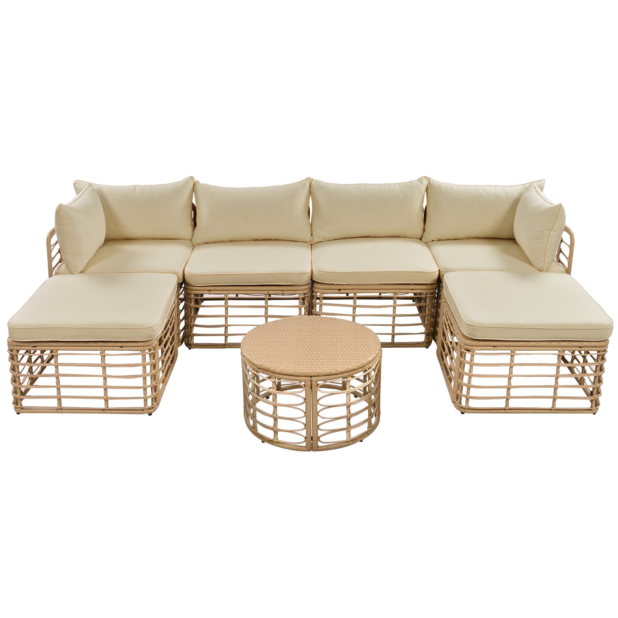 7 Pieces Outdoor Patio Furniture, All-Weather Rattan Sectional Sofa Set with Thick Cushions and Pillows, Freely Combined Conversation Sets for Garden, Backyard, Balcony, Brown