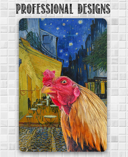Café Terrace at Night Painting - Interrupted by Rooster - Metal Sign