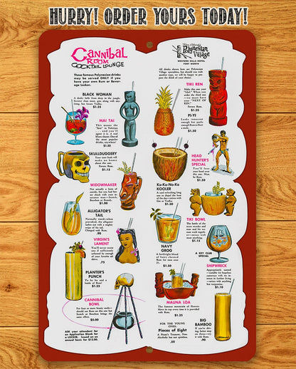 Cannibal Room Cocktail Lounge Drink Menu - Metal Sign