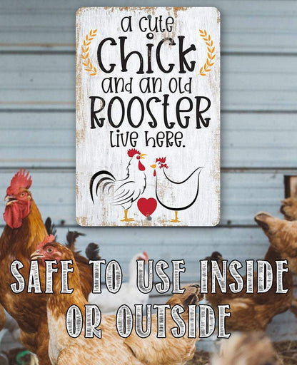 A Cute Chick and an Old Rooster Live Here - Metal Sign