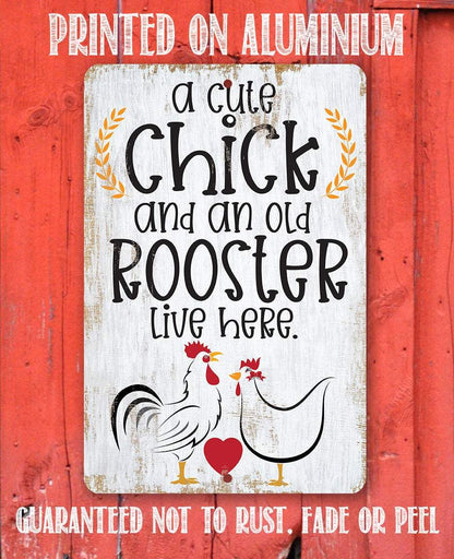 A Cute Chick and an Old Rooster Live Here - Metal Sign