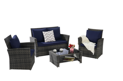 4 Pieces Outdoor Patio Furniture Set with Rattan Chairs and Tempered Glass Table