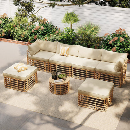 7 Pieces Outdoor Patio Furniture, All-Weather Rattan Sectional Sofa Set with Thick Cushions and Pillows, Freely Combined Conversation Sets for Garden, Backyard, Balcony, Brown