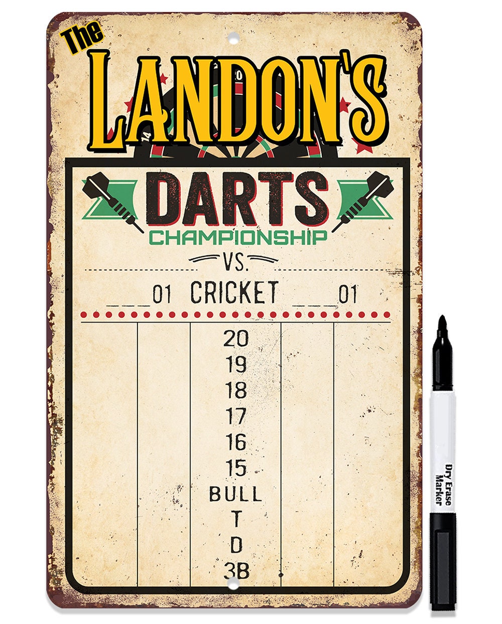 Personalized - Dart Scoreboard Dry Erase for Keeping Score in All Cricket Games, 301 or 501 - Magnetic Dry Erase Marker with Eraser - Metal Sign
