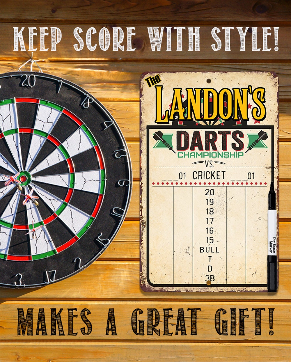 Personalized - Dart Scoreboard Dry Erase for Keeping Score in All Cricket Games, 301 or 501 - Magnetic Dry Erase Marker with Eraser - Metal Sign