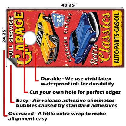 Retro Garage - Cornhole Board Wrap - Set of 2