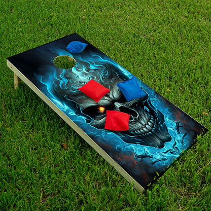 Blue Flaming Skull - Cornhole Board Wrap - Set of 2