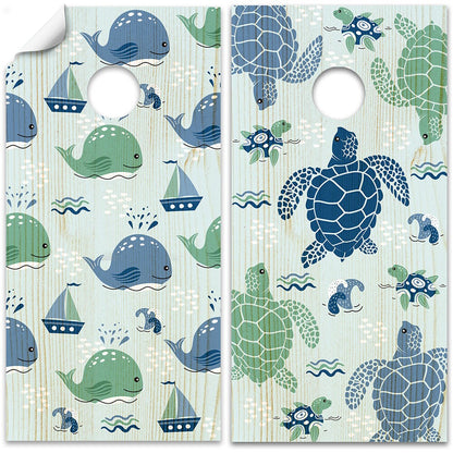 Sea Turtles and Whales - Cornhole Board Wrap - Set of 2