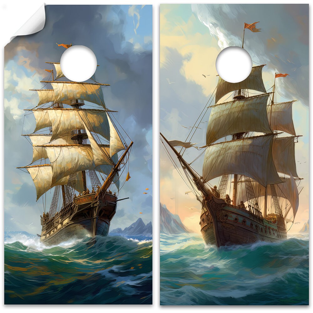 Vintage Sailing Ships Painting - Cornhole Board Wrap - Set of 2