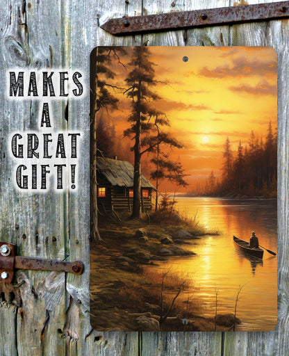 Cabin on the Lake Painting Art - Metal Sign
