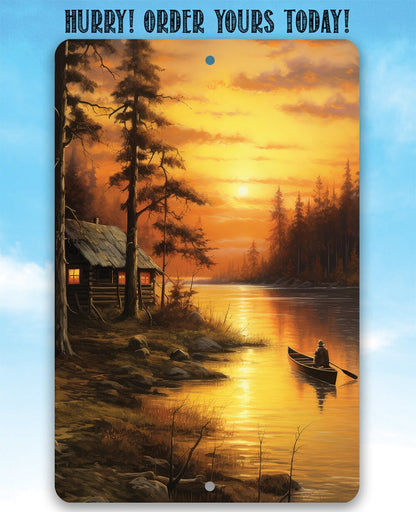 Cabin on the Lake Painting Art - Metal Sign