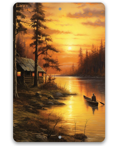 Cabin on the Lake Painting Art - Metal Sign
