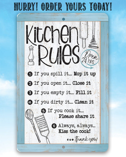 Kitchen Rules, Open 24 Hrs. - Metal Sign