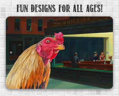 Nighthawks Painting - Interrupted by Rooster - Metal Sign