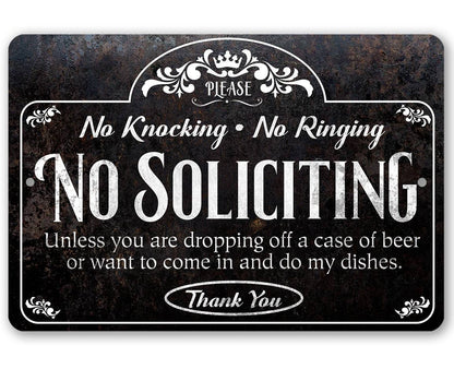 No Soliciting, Knocking, and Ringing - Metal Sign
