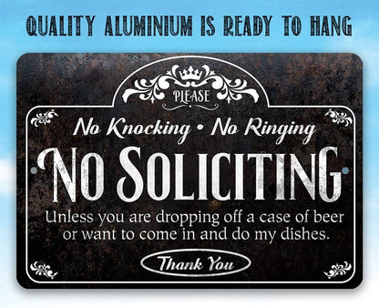 No Soliciting, Knocking, and Ringing - Metal Sign