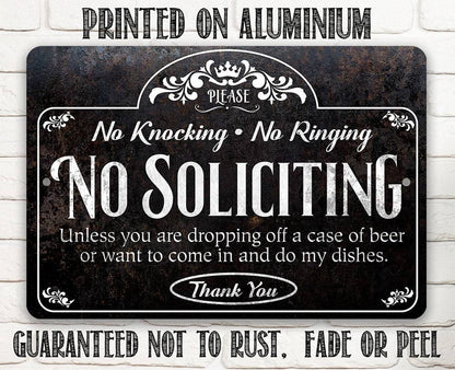 No Soliciting, Knocking, and Ringing - Metal Sign