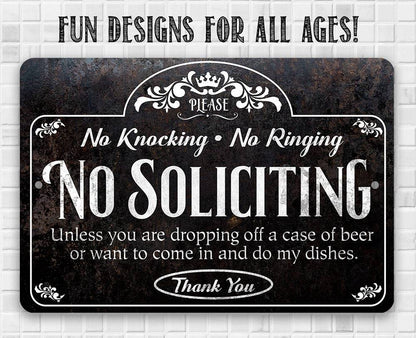 No Soliciting, Knocking, and Ringing - Metal Sign