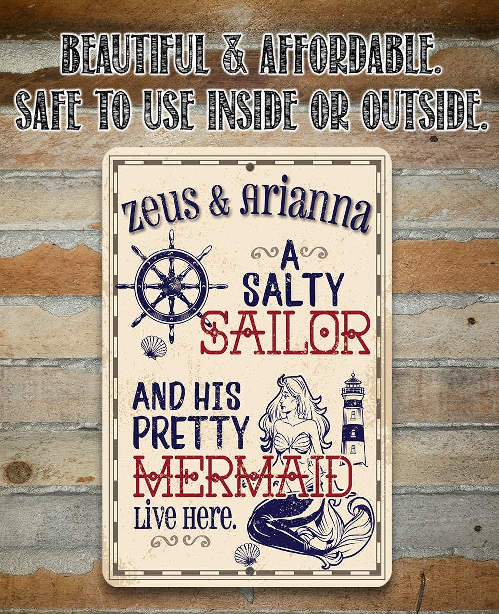 Personalized - A Salty Sailor and Pretty Mermaid - Metal Sign