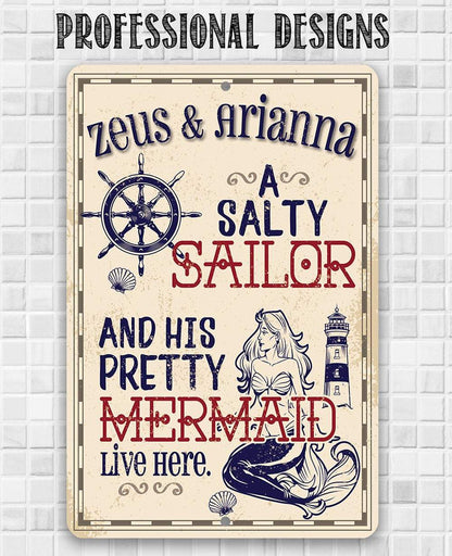 Personalized - A Salty Sailor and Pretty Mermaid - Metal Sign
