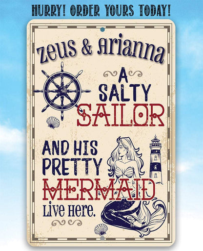 Personalized - A Salty Sailor and Pretty Mermaid - Metal Sign