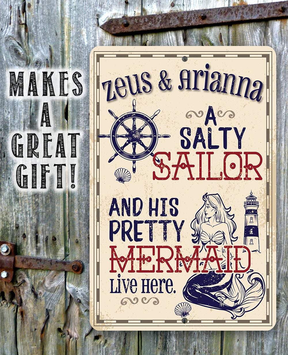 Personalized - A Salty Sailor and Pretty Mermaid - Metal Sign