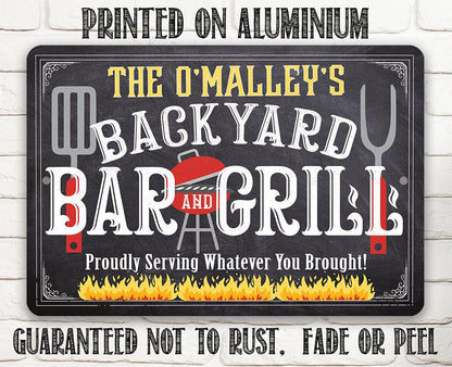 Personalized - Backyard Bar and Grill (Chalkboard Look) - Metal Sign