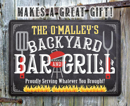 Personalized - Backyard Bar and Grill (Chalkboard Look) - Metal Sign
