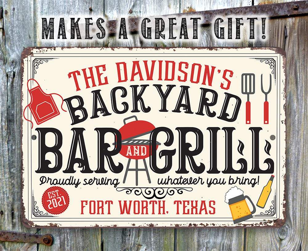 Personalized - Backyard Bar and Grill - Metal Sign