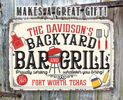 Personalized - Backyard Bar and Grill - Metal Sign