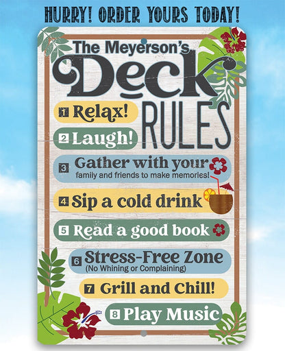 Personalized - Deck Rules Relax Laugh Gather With Your Family - Metal Sign