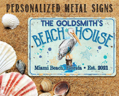 Personalized - Pelican Beach House - Metal Sign
