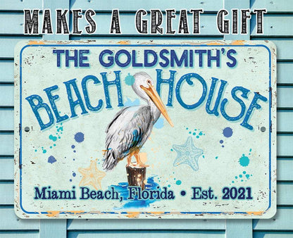 Personalized - Pelican Beach House - Metal Sign