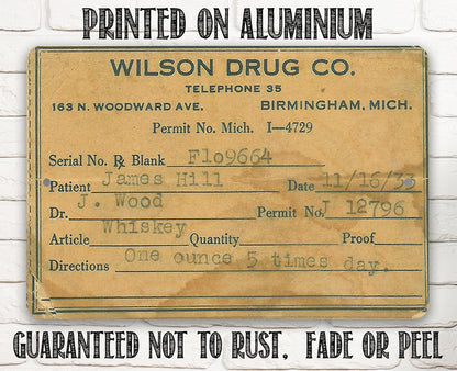 Prohibition Whiskey Prescription - Metal Sign