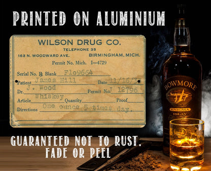 Prohibition Whiskey Prescription - Metal Sign