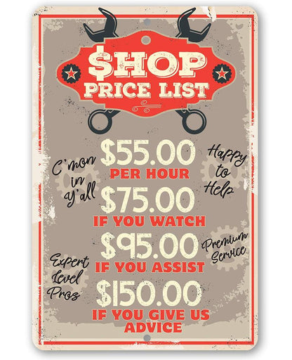 Shop Price List - Metal Sign