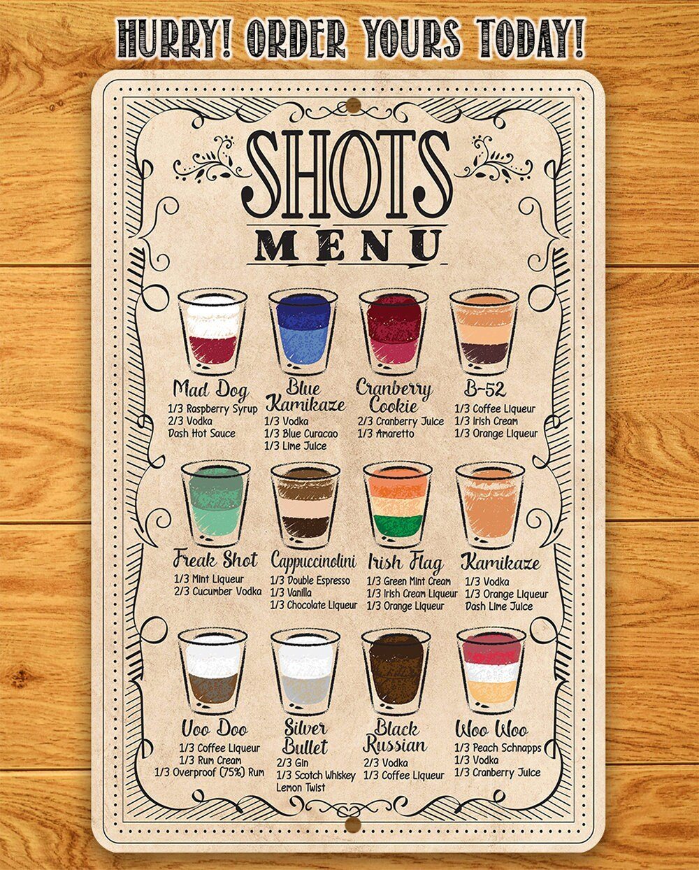 Shots Menu - Metal Sign